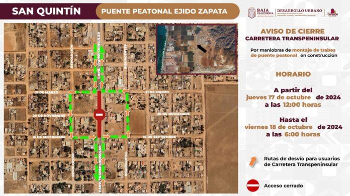 ANUNCIA SIDURT CIERRE DE CARRETERA TRANSPENINSULAR POR MONTAJE DE TRABES EN PUENTE PEATONAL DE SAN QUINTÍN. lasnoticias.info